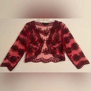 LAVENA Red Embroidered Mesh Cropped Bolero Cardigan